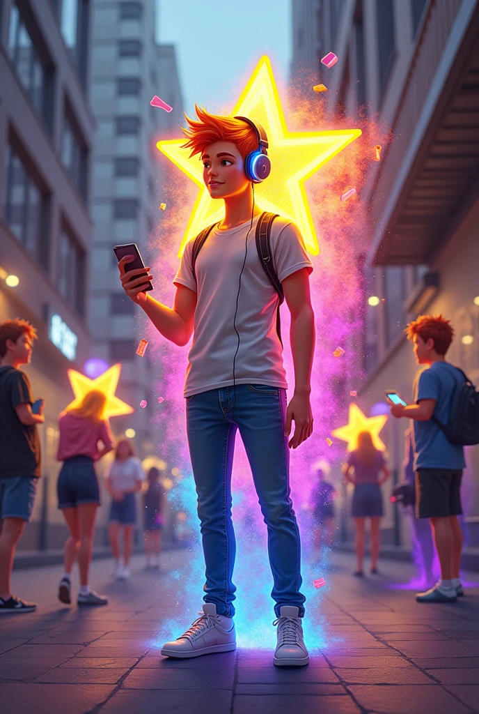 Create an image of a bright star in casual clothing with headphones listening to music and spreading colorful energies like the rainbow, meeting other dim stars also in casual clothing watching a cell phone and walking on the sidewalk with