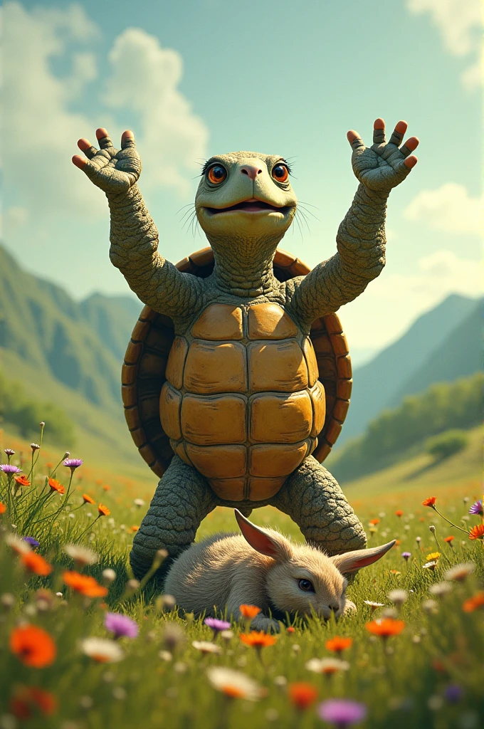 Tortoise celebrating after winning from hare while hare is sad