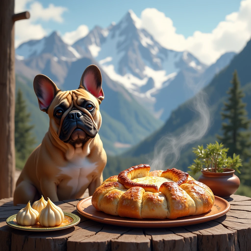 There will be khachapuri in the middle, next to 3 khinkali Against the background of the mountain and so that it looks realistic. There is a French bulldog nearby