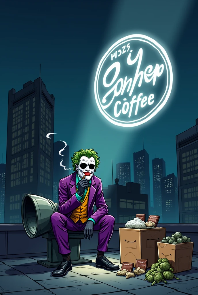 gotham city la nuit avec un projecteur sur un toit qui projette dans le ciel au dessus un logo blanc avec ou il y'a écrit dessus Gotham Coffee35 dans le ciel et il y'a le joker qui fume un cigare assis sur le projecteur sur le toit avec une paire de lunettes noir avec des caisses a coter de lui ou dessus il y'a une une feuille de weed et des sac remplie de cannabis et de sachet paquet de poudre blanche et de petit rectangle marron empiler a coter de lui en cartoon