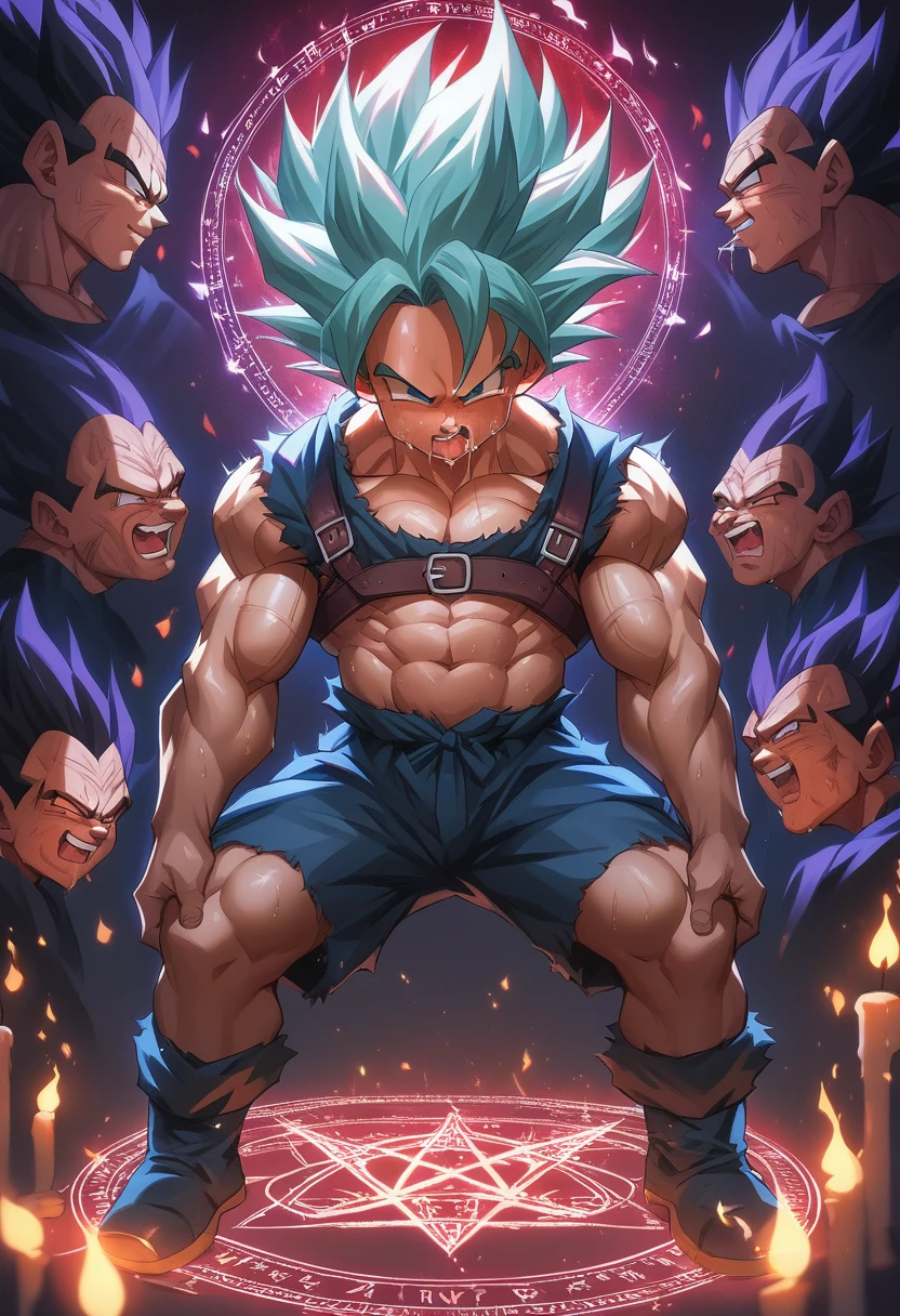 Huge muscles,Crying face,Lots of drool and sweat,Harness,Young face,teenager face,Huge erect penis,Full body image,Young body,Muscular legs,Wearing boots,Large, toned muscles,Goku,super saiyan,Imminent sexual activity,Demon body, wings and horns,Shaking violently,Group Sex,Obscene tattoos,Fantastic magic circle,Lots of ceremonial candles,Flickering flames,Combat start,Ekiben,Massive ,Wrapped in a huge purple flame,A bright red light radiates from the eyes