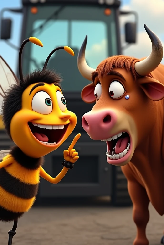 Draw Barry from the Bee movie laughing and pointing his finger at Ferdinand the Bull&#39;s face with red eyes full of tears crying very inconsolably. 
Background of the image has a Forklift,  only the face appears 