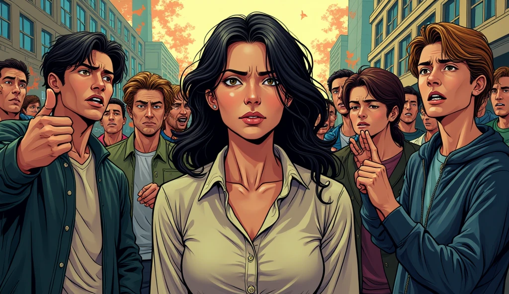 Create a manga style image with colorful highlight dots on the image, In this image I need to portray a dramatic scene of someone exhausted, who can no longer hide the tiredness of seeking success and not achieving it, with people pointing fingers at her in the background.