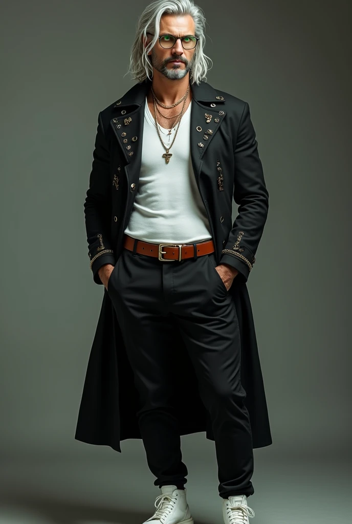 Tall Man, medium length silver hair in locks, custom glasses, a fit body, a white shirt tight to his body, over a black jacket with accessories and small chains, long black pants and around a brown belt and white personalized shoes, Bright emerald green eyes with a penetrating gaze