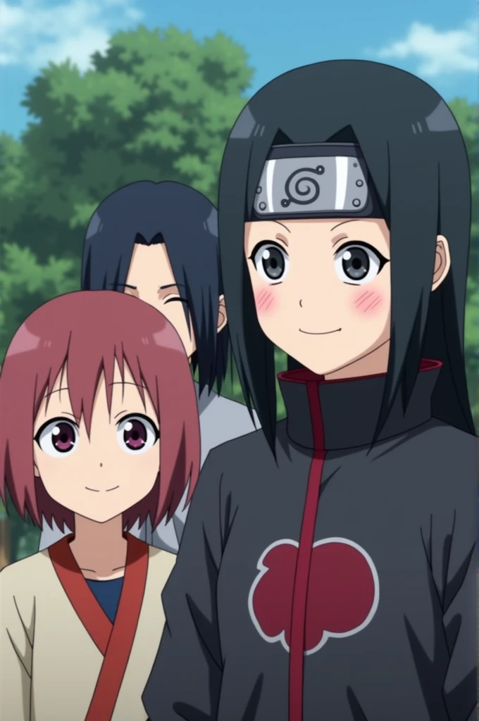 boruto next generations screencap of the uchiha family in boruto along with a woman similar to Sasuke Uchiha, with straight black hair at chest level, black eyes with the seal of a hundred forces and smiling, Pierrot Studios Naruto Shippuuden Screencap