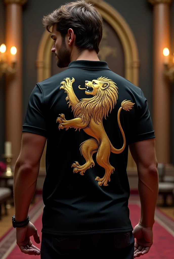 Black shirt with a golden lion on the back