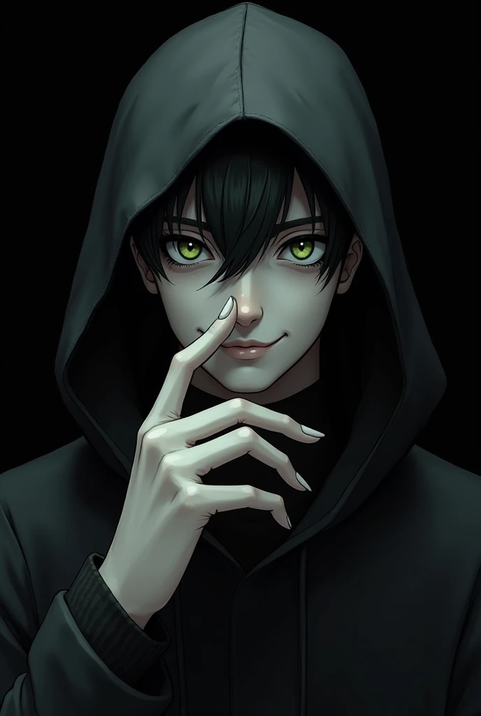 Young man holds a mask with his hand to hide the vertical half of his face. has white skin, black fur, green eyes and a mysterious half smile. Has a black hood. The background is black, is coming out from the shadows.