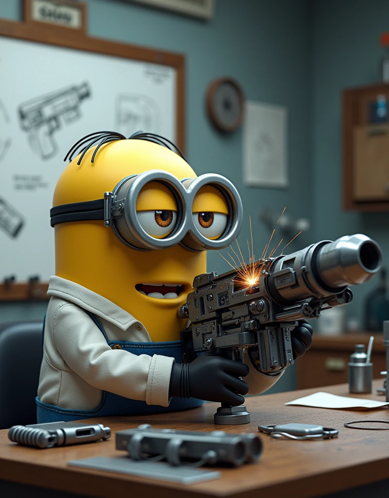 Minion Kevin dressed as a scientist is working hard at a lab table full of scientific instruments and gadgets.. The whiteboard behind has weapon design sketches.. Kevin is highly focused., đôi tay di chuyển nhanh chóng, weld and assemble components to build a large weapon, complicated.