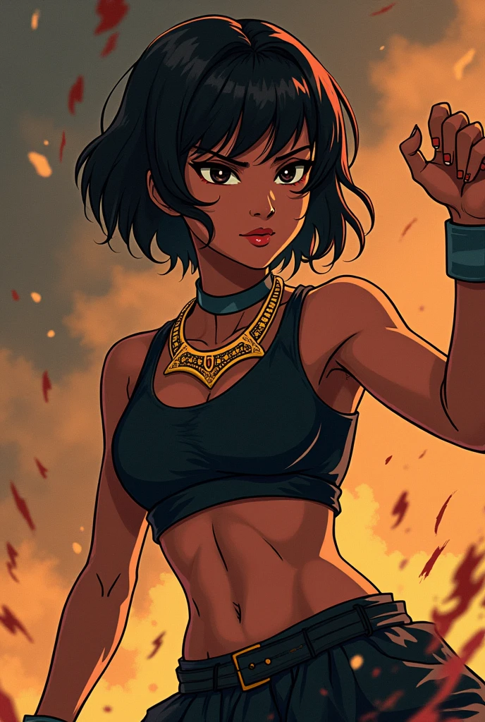 Create a short dark brown hair anime style with a gold choker, a black crop top, dark skin and who fights capoeira and has indigenous features