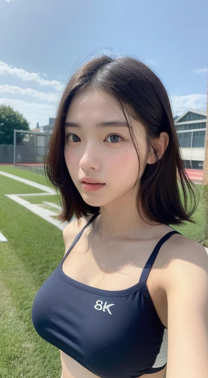 ((Highest quality、8k、masterpiece:1.3))、Sharp focus:1.2、Beautiful woman with perfect body:1.4、Slim abdomen:1.2、((Tanned body、Huge boobs:1.2))、(Track and field uniforms、Lightweight Fabric)、(Schoolyard、School building、wood、Grass)、Grassの上に座っている、Highly detailed face and skin texture、 Detailed eyes、double eyelid、White skin、Exposed shoulders、Layered Haircut