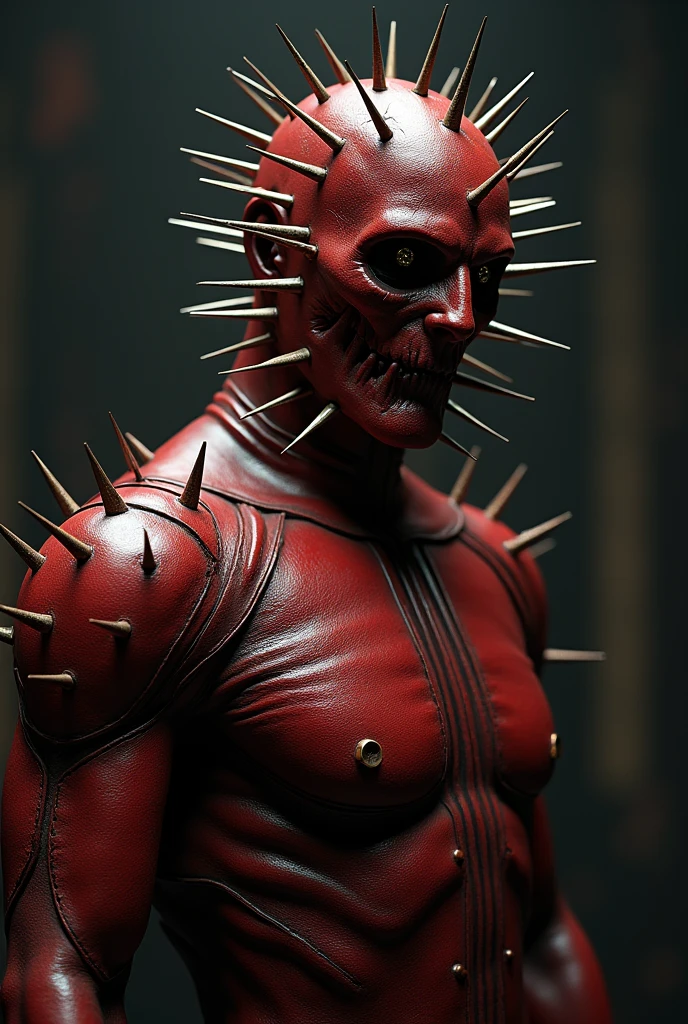 Create a male character with a look inspired by the Hellraiser franchise who wears a leather outfit with red and Petra coloring and that has small parts that vaguely resemble armor and that the outfit covers his entire face like a leather mask and that has spikes coming out of his face and shoulders using a mask