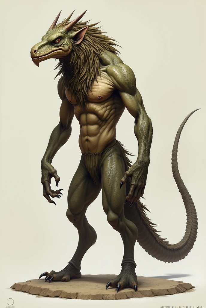 homme-reptile à crinière, queue longue, tête et museau robustes, oreilles longues, cinq doigts et orteils. crinière un peu longues, touffe de la queue, menton et jointures mandibules arrondis, abdomen peu mince quand même robuste, bassin large.