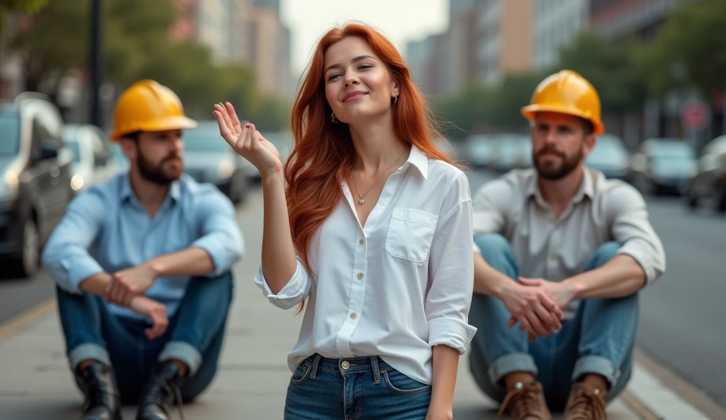 the best photo, the most realistic ,Clareza 4K, red-haired woman, long black hair ,age 25 ,White cotton shirt ,jeans .the woman is sending a kiss with her hand to the two men who are sitting on the sidewalk . 1 mason man, aged 50, Scrawny ,chestnut hair, with small beard , wearing a light blue dress shirt, black boot, e jeans escura . 2 mason man , aged 50, brawny ,hair blonde, sem beard , wearing a white dress shirt, brown boots , e jeans clara.