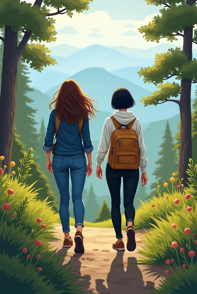 semi realistic 2d, two woman hiking, one have long brown hair wearing blue shirt and jeans, other girl have short black hair wearing white hoodie and black jeans. both carrying light brown backpack.