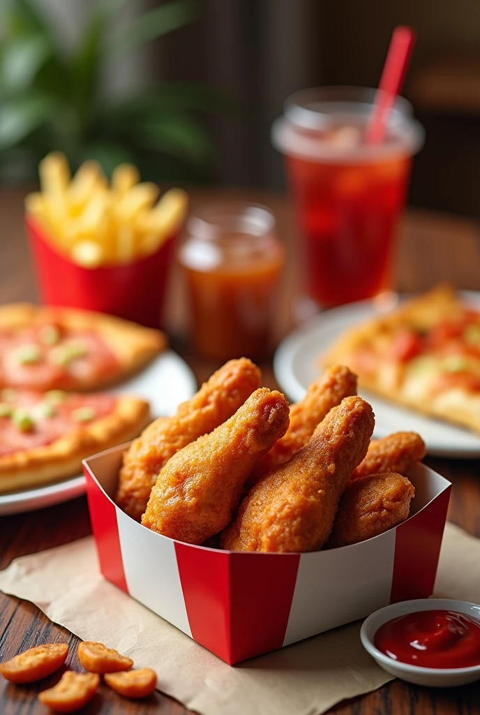 Kfc chicken wings four box with french fries pizza and juice on table