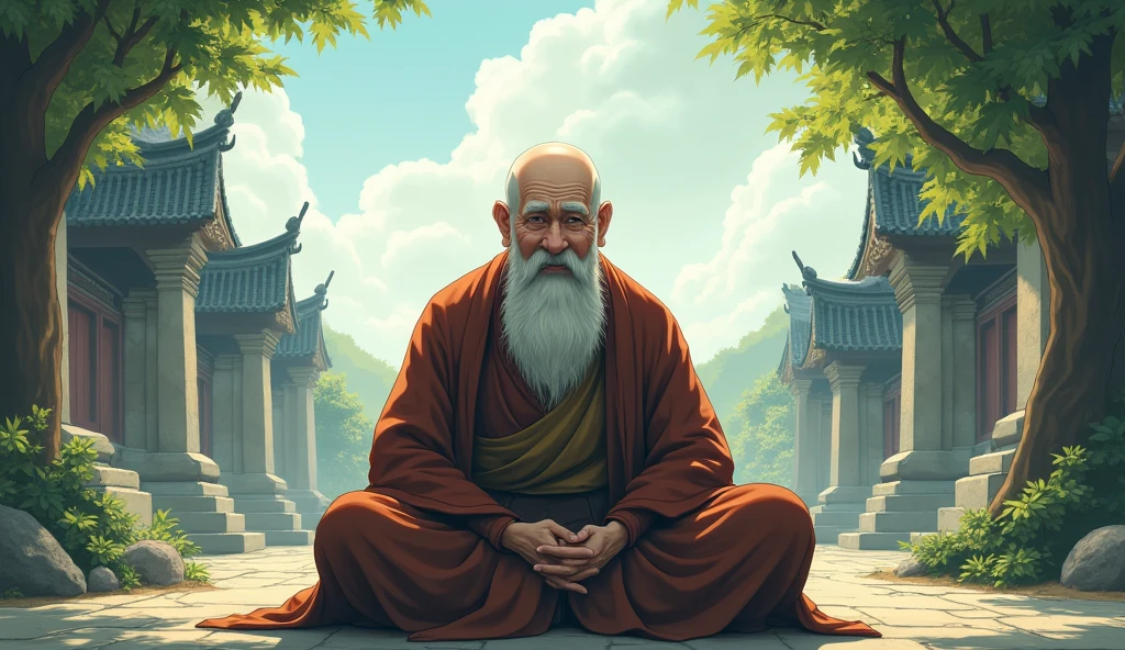 Old fat monk sensei, surrounded by temples, trees, beautiful scenario, peaceful, wisdom full, realistic, in anime style,