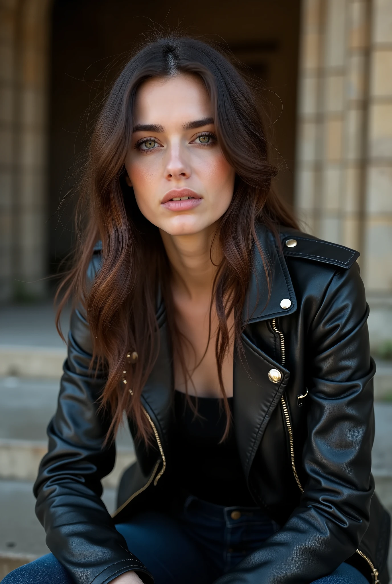 A portrait photograph of a young woman with long, wavy brown hair sitting on stone steps in front of a Gothic-style arched entrance. The woman is wearing a black leather jacket with visible gold zippers on the lapels, shoulders, and sleeves, and a metallic silver button near the shoulder. Her jacket is partially unzipped, revealing a black top underneath. The jacket's smooth texture is evident, with the leather's glossy finish highlighted by soft, diffused lighting. She is also wearing long black pants, which are partially visible in the frame. Her hands rest on her knees, adding to the composed and introspective mood. The lighting is natural and soft, creating gentle shadows that enhance the texture of the leather and the stone architecture. The image has a shallow depth of field, keeping the focus on the subject while the background remains blurred.