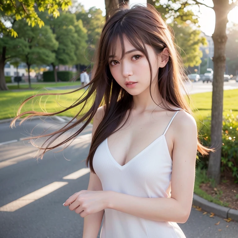 (Raw photo, Best Quality), (Realistic, Photorealsitic:1.5), masutepiece, Extremely delicate and beautiful, Soft light, (Brown hair, Shoulder-length straight hair swaying in the wind), Beautiful detailed girl, (Detailed fingers), extremely detailed eye and face, beautiful detailed nose, Beautiful detailed eyes, 1 girl, Japanese, Neat and clean beauty, Cute, young, dress shirts, Pants, (Half body:1.3), (medium breasts), Realistic face, Realistic body,