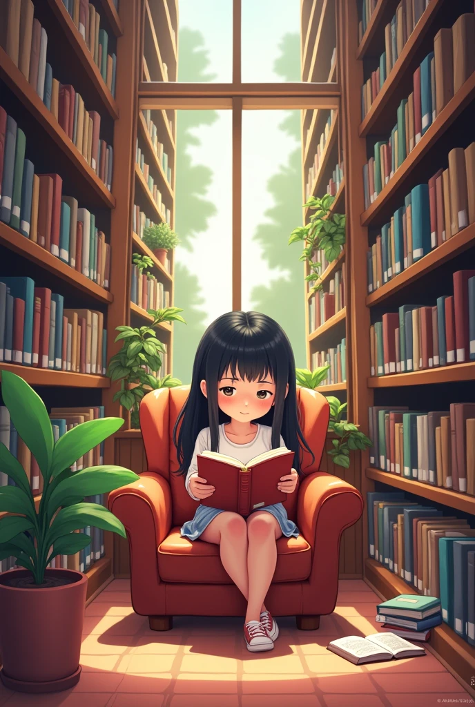 “A young woman sitting in a library, deeply engrossed in a book. The library has tall bookshelves filled with books, soft lighting, and a cozy atmosphere.
chibi, cartoon, wide angle, bookshelf background”