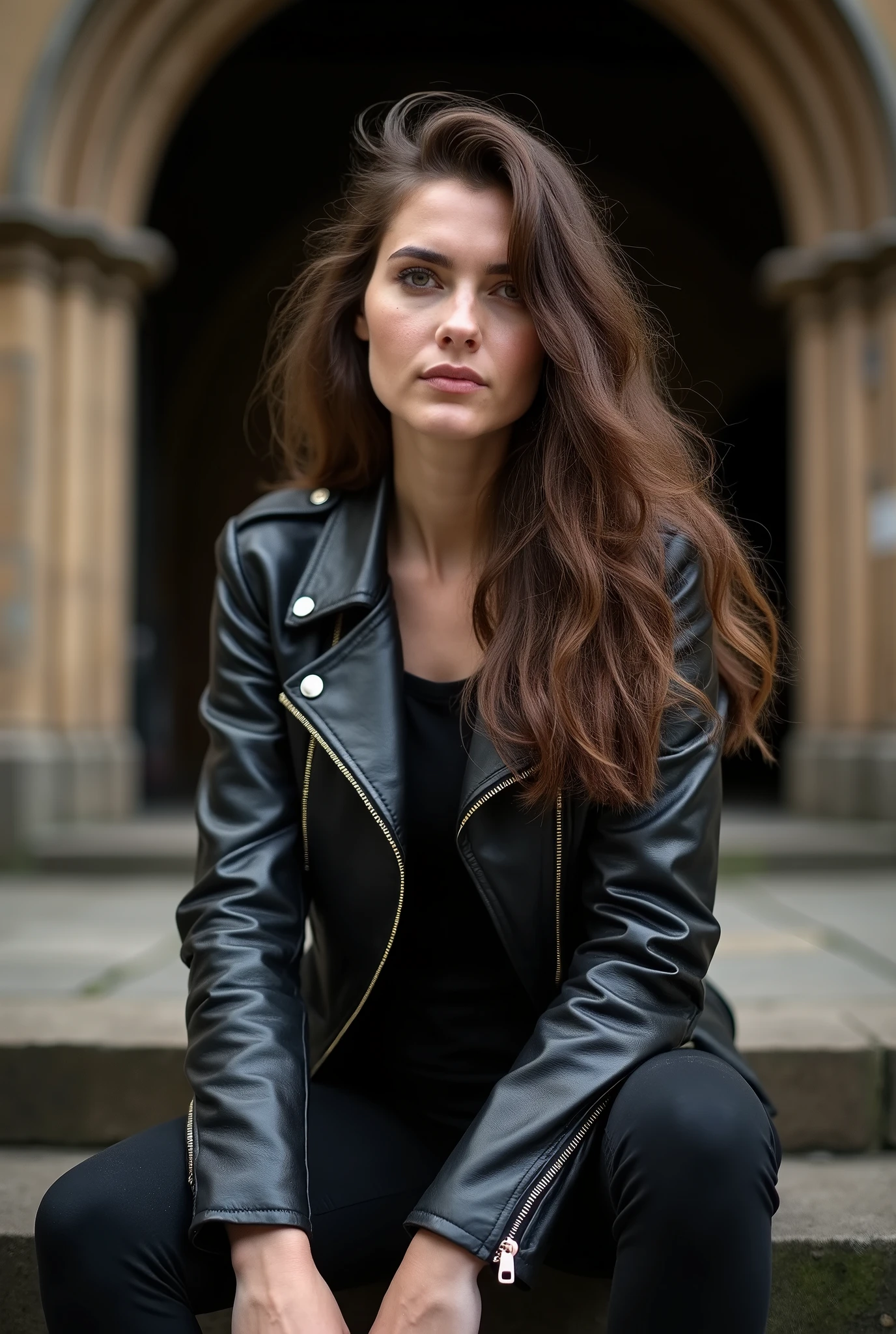 A portrait photograph of a young woman with long, wavy brown hair sitting on stone steps in front of a Gothic-style arched entrance. The woman is wearing a black leather jacket with visible gold zippers on the lapels, shoulders, and sleeves, and a metallic silver button near the shoulder. Her jacket is partially unzipped, revealing a black top underneath. The jacket's smooth texture is evident, with the leather's glossy finish highlighted by soft, diffused lighting. She is also wearing long black pants, which are partially visible in the frame. Her hands rest on her knees, adding to the composed and introspective mood. The lighting is natural and soft, creating gentle shadows that enhance the texture of the leather and the stone architecture. The image has a shallow depth of field, keeping the focus on the subject while the background remains blurred.