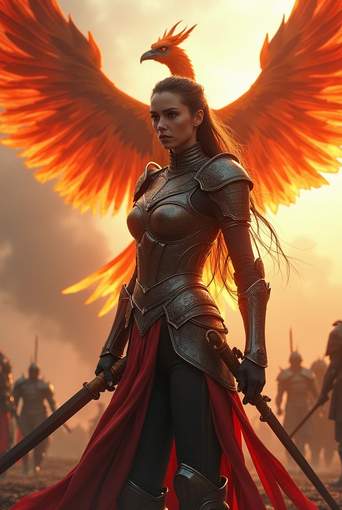 Female fighter in a war with a Phoenix behind her