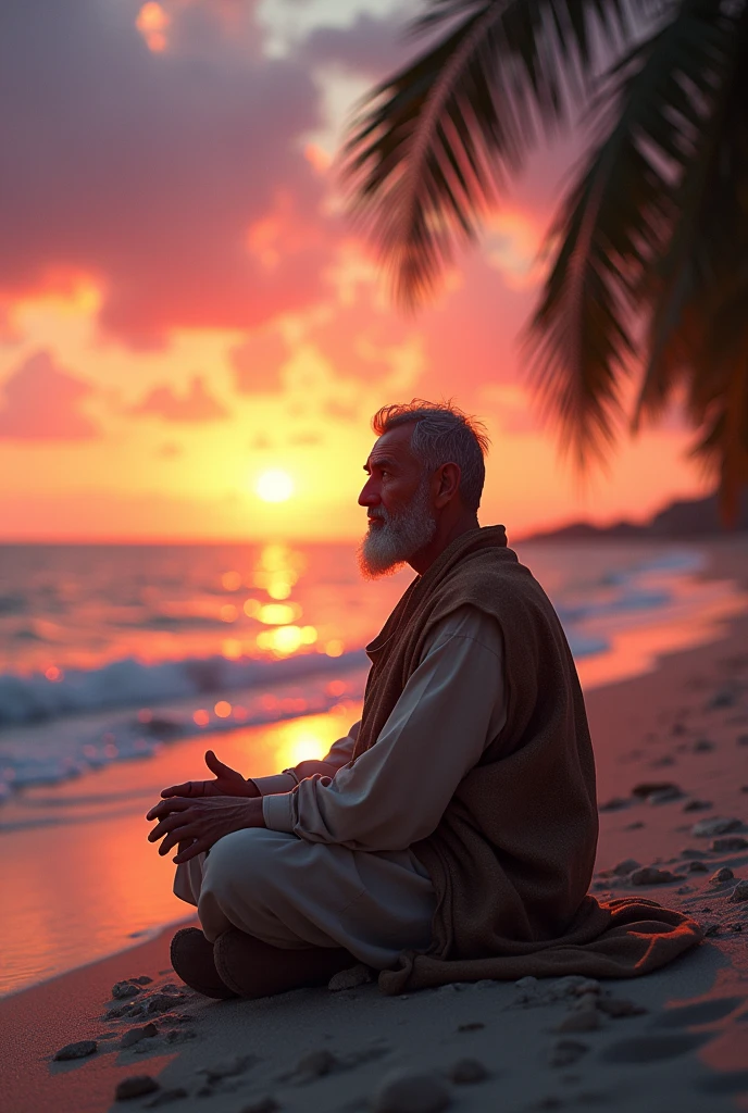 Syrian guy setting at beach on sunset