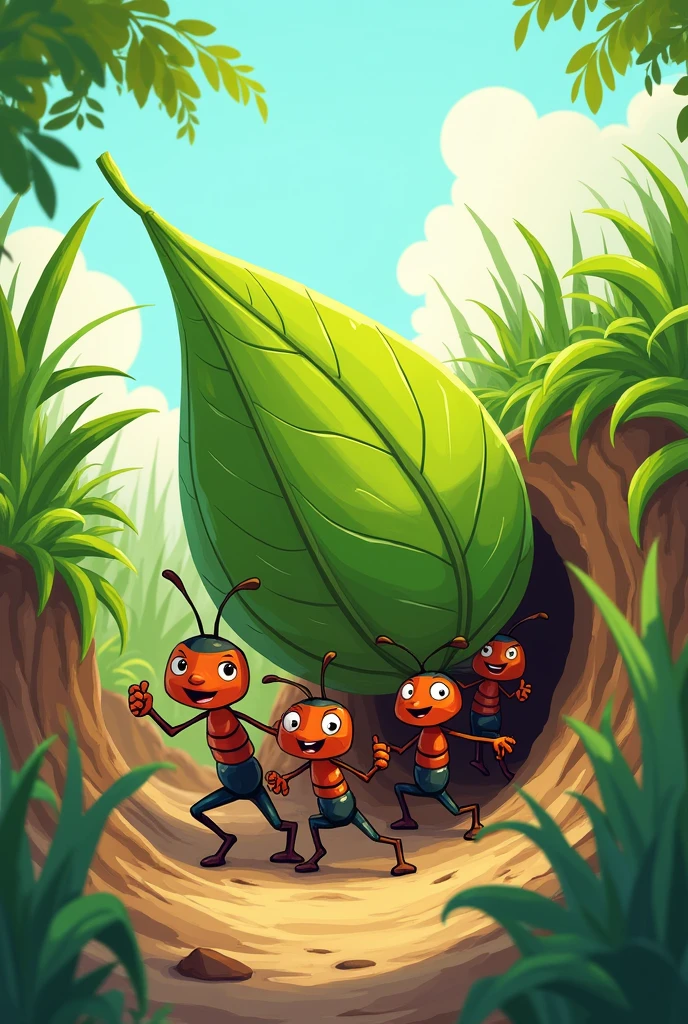Fun Ants bringing leafs to the anthill, cartoon