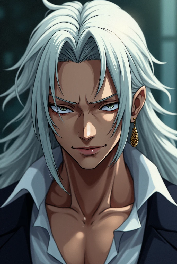 A male character from One Piece,with long white hair,smooth but messy,that does not smile,have a calm expression,that has 2 earrings in each ear,that has a mole under his eye,that he is manly and very beautiful almost unreal