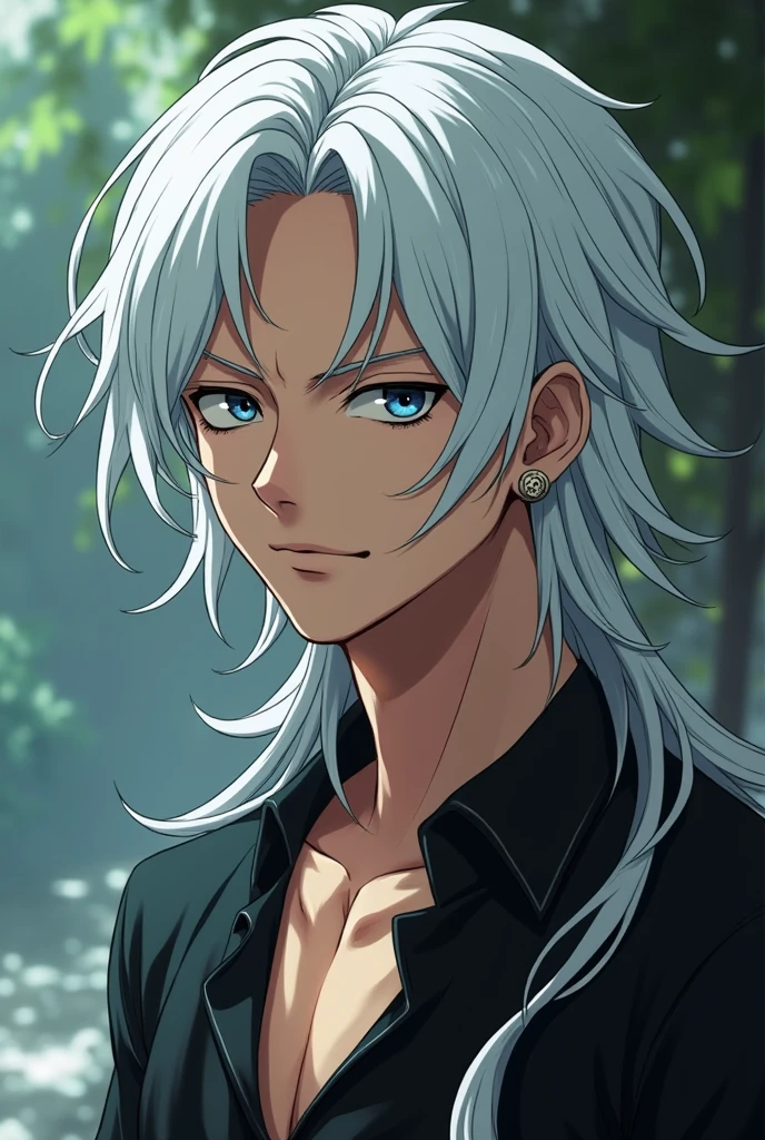 A male character from One Piece,with long white hair,smooth but messy,that does not smile,have a calm expression,that has 2 earrings in each ear,that has a mole under his eye,that he is manly and very beautiful almost unreal