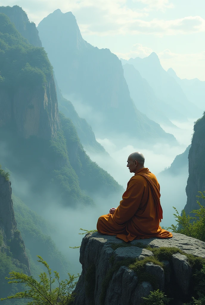 Small  monk on a mountain being alone