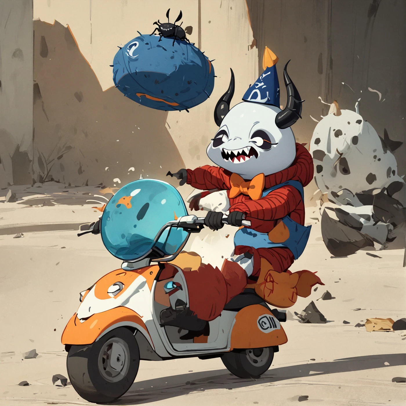 1Beetle, White Spike Lirchin Beetle, charcoal White skin, Circle tangerine-orange bags under eyes, black horns on head, Red stripes on horns, sharp teeth, no humans, Blue Fez Hat, Red Sweater Shirts, Orange Bow Tie, Blue Vest, by Guillaume Renard \(skchkko\), Rage, Riding Scooter, Las Vegas 