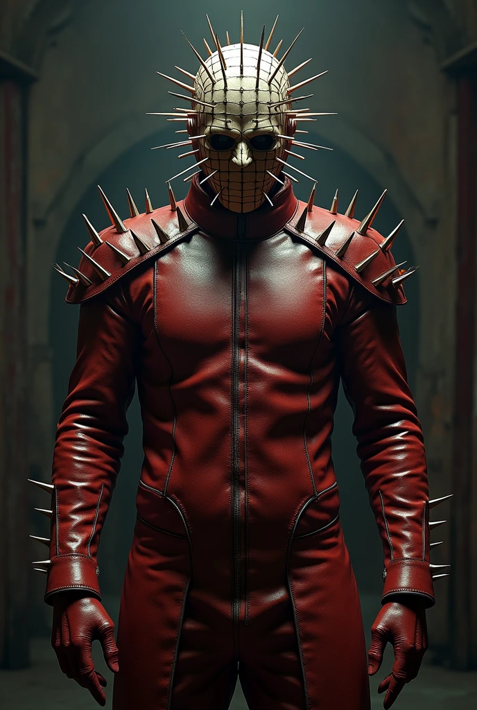 Create a male character with a look inspired by the Hellraiser franchise who wears a leather outfit with red and Petra coloring and that has small parts that vaguely resemble armor and that the outfit covers his entire face like a leather mask and that has spikes coming out of his face and shoulders using a mask 