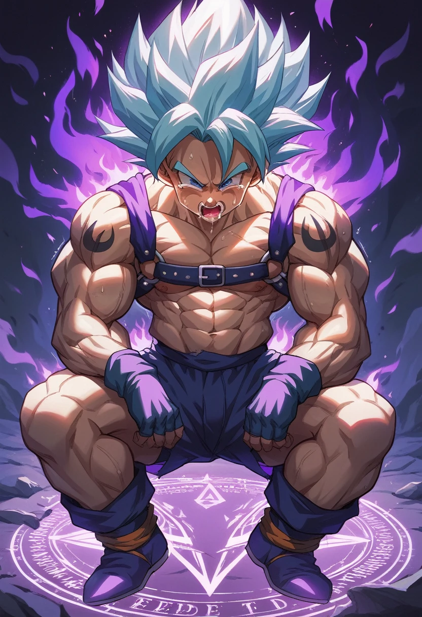 Huge muscles,Crying face,Lots of drool and sweat,Harness,Young face,teenager face,Huge erect penis,Full body image,Young body,Muscular legs,Wearing boots,Large, toned muscles,Goku,super saiyan,Imminent sexual activity,Demon body, wings and horns,Shaking violently,Group Sex,Obscene tattoos,Fantastic magic circle,Ekiben,Massive ,(((Enveloped in a large purple flame aura))),