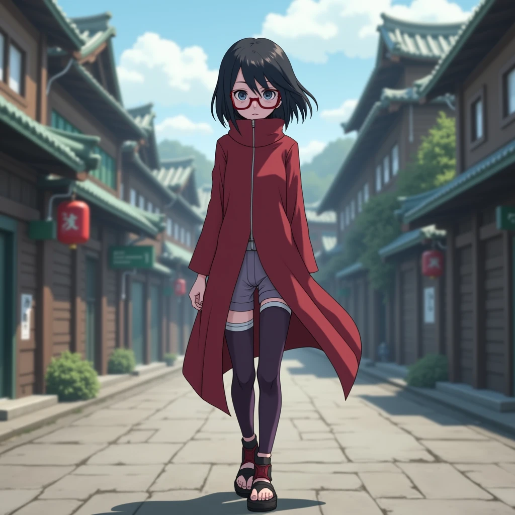 Sarada (a female character from boruto who has thin body, tiny boobs, a short hair neck with side parted hair and bangs swept aside, black eyes, wear headband konoha ninja on her forehead, red outfit with a collar that covers the neck, a middle slit from top to bottom of the outfit and visible arm, also wearing very short lilac colored pants, with konoha ninja shoes and dark purple knee length stockings , and using a red rectangular glasses) she walked alone in the middle of Konoha village while looking down sadly