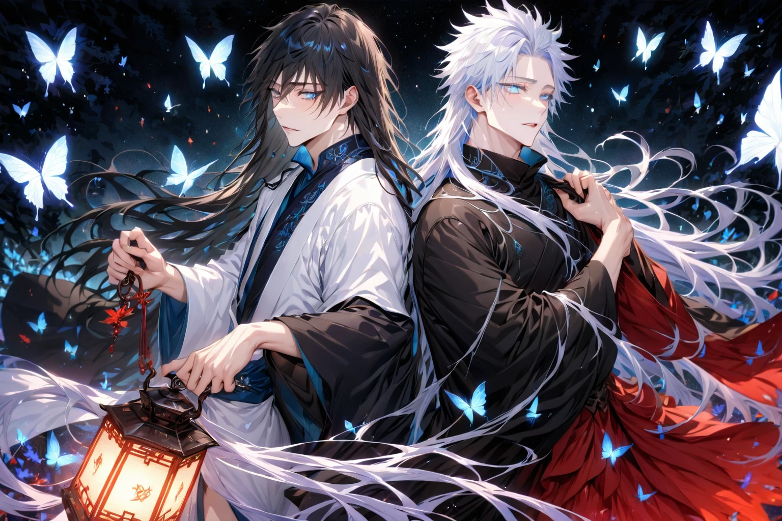 Ultra detailed, Highres, absurdres, HDR, master piece, Gojou Satoru, white hair, long hair, expressive blue eyes, white Chinese robes, Fushiguro Megumi with long hair, black hair, expressive blue eyes, Jujutsu Kaisen, two sexy man together, gay couple, yaoi, black Chinese robes, red leaves, glittering, starry blue sky, blue butterflies, sensual, fantasy, purple magical, accessories, holding a lantern, red