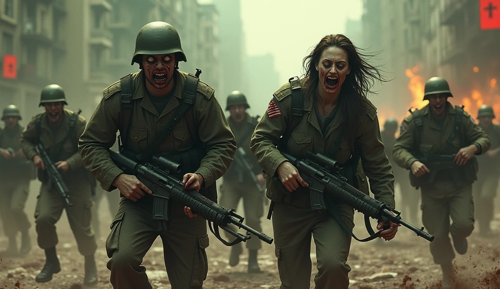 zombie virus infected soldiers male and female officers atacking people