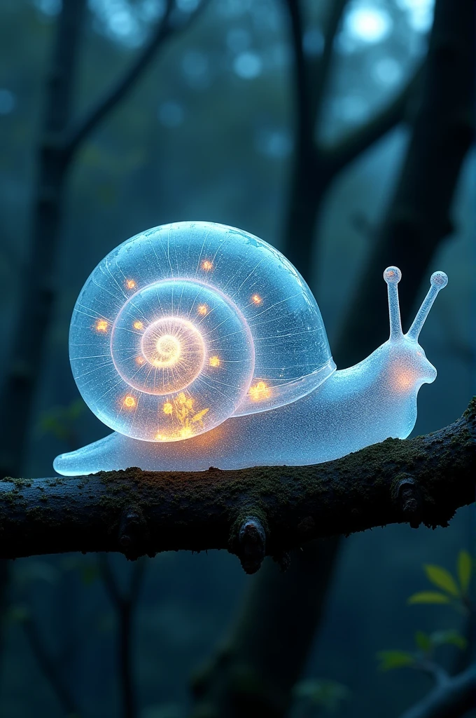 A hyper-realistic digital artwork of a delicate and transparent jade crystal glass sculpture of a snail shell filled with bioluminescent flowers, artistic, sparkling dynamic colors, glitter, luminous opalescent, insanely detailed beautiful snail shell crystallized, meticulously detailed filigree snail, hypermaximalist bioluminescent glowing snail shell, shimmering, sparkling, extreme contrast and saturation, underwater particles, magical fantasy artwork, ultra high quality. The scene captures a tree branch in a night forest, the snail is over a tree branch. The main focus of the shot is the snail and its shell.