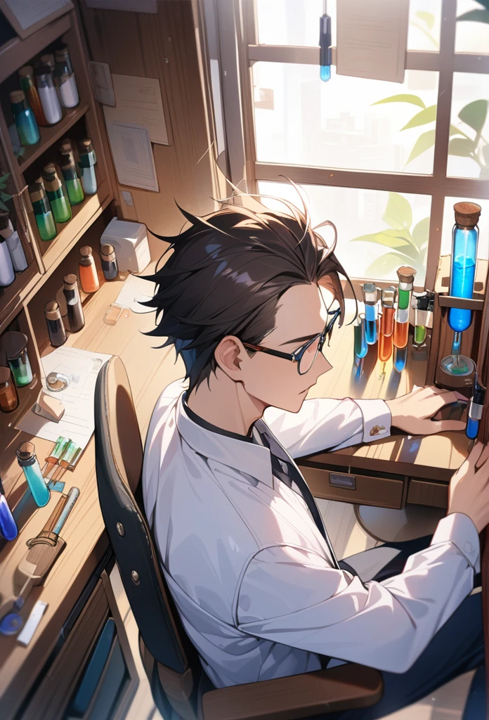 masterpiece, best quality, 1 male, handsome, complicated laboratory, messy hair, forehead, glasses, wooden wall, desk full of junk, test tube, bottles, Window, sit on chair, hold test tube, from side|from above