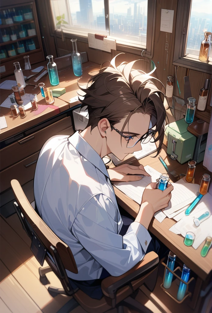 masterpiece, best quality, 1 male, handsome, complicated laboratory, messy hair, forehead, glasses, wooden wall, desk full of junk, test tube, bottles, Window, sit on chair, hold test tube, from side|from above