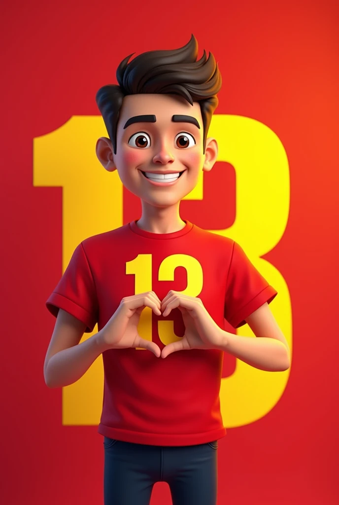 Create a mascot for WhatsApp profile pictures that will symbolize an I.In the colors red and yellow, called 13zinho, which symbolizes a person, a candidate for mayor. The image must represent a young person, be it a man with 13 behind the image, the shirt must be red and the image behind the 13 must also be red. Have 13 on the shirt and 13 behind so that it is more visible. Join your hands and make the heart symbol.