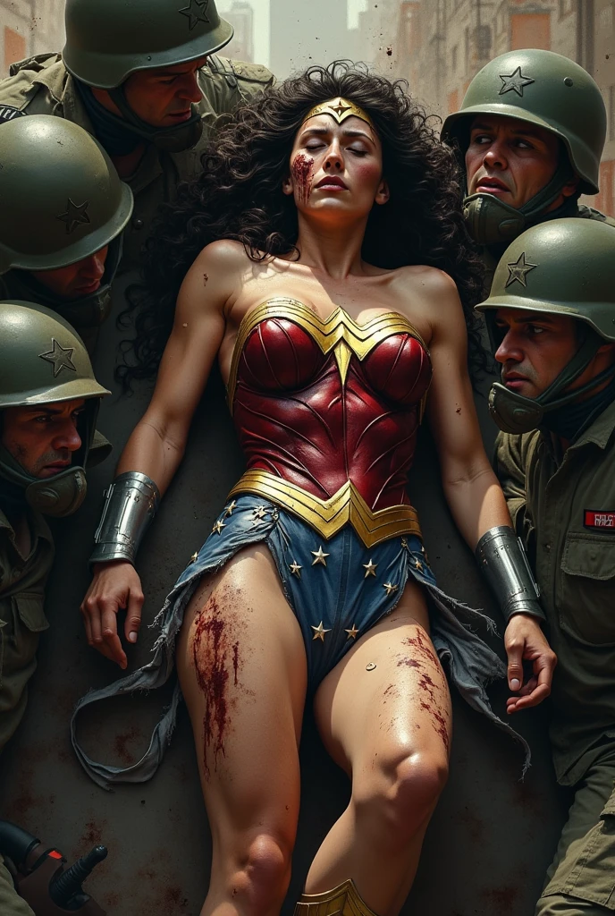 (photorealism:1.2), wonder woman, beaten up, defeated, dominated, destroyed, blood, punched by group of male soldiers, little ripped clothing, greasy, sweaty
