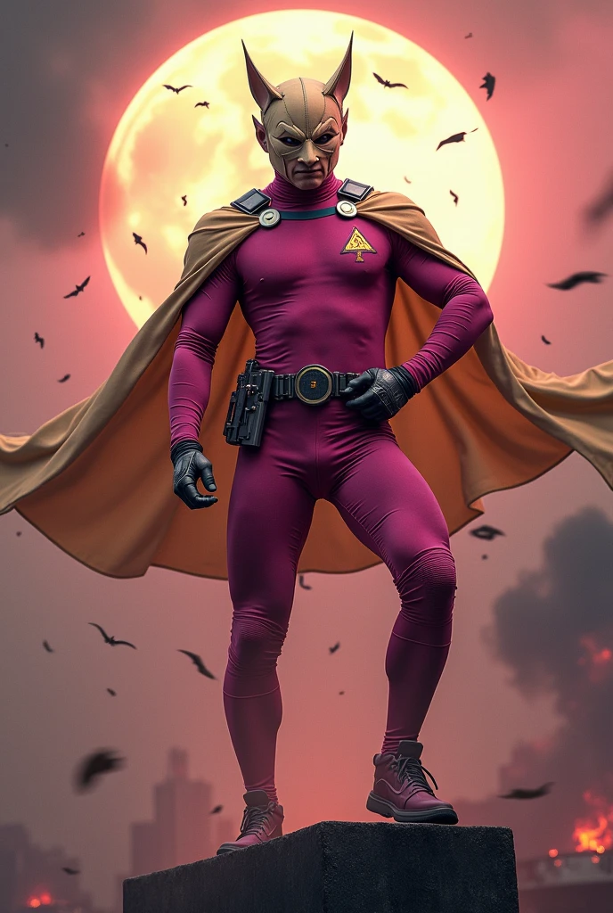 Malaysia man in high-tech suit, vivid effects, malaysian superhero (KELUANG MAN) in a striking pink and beige costume cyberpunk design, mask small mini bat ear beige, daredevil biage mask, jumpsuit dark pink stands confidently in a dramatic.jumping from high place. Fighting pose , stormy landscape. ((Head covered node guard like batman. Running pose , athletic body type, small mini ear bat mask))The character wears domino mask a helmet with pointed mini torn ears and a flowing cape biege, open nose and mouth. Equipped with visible futuristic weapons on a belt,bullet proof jacket pink dark day.show fingers pose, dark night, big supermoon effect . Small logo on chest triangle shape small punisher logo center triangle cyber logo center on chest pink logo mini logo . rocky. Building top.smoke ground , bomb effect background, losse pants, losses costume.adding to --ar 3:4 --style raw --stylize 500 --v 6.1. chaos. Lot of small flying bat. One leg on the high stone. Man . Real man age 40 year old. One hand holding belt. Floating dry leave everywhere. 