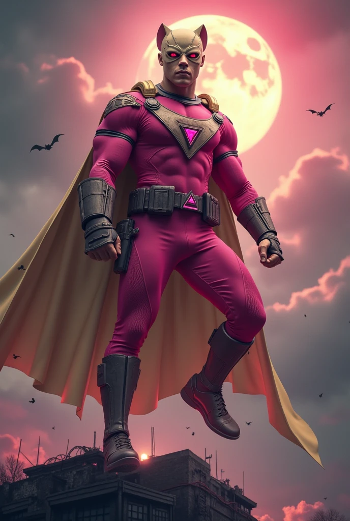 Malaysia man in high-tech suit, vivid effects, malaysian superhero (KELUANG MAN) in a striking pink and beige costume cyberpunk design, mask small mini bat ear beige, daredevil biage mask, jumpsuit dark pink stands confidently in a dramatic.jumping from high place. Fighting pose , stormy landscape. ((Head covered node guard like batman. Running pose , athletic body type, small mini ear bat mask))The character wears domino mask a helmet with pointed mini torn ears and a flowing cape biege, open nose and mouth. Equipped with visible futuristic weapons on a belt,bullet proof jacket pink dark day.show fingers pose, dark night, big supermoon effect . Small logo on chest triangle shape small punisher logo center triangle cyber logo center on chest pink logo mini logo . rocky. Building top.smoke ground , bomb effect background, losse pants, losses costume.adding to --ar 3:4 --style raw --stylize 500 --v 6.1. chaos. Lot of small flying bat. One leg on the high stone. Man . Real man age 40 year old. One hand holding belt. Floating dry leave everywhere.