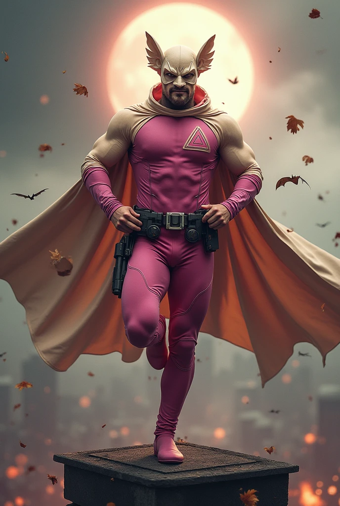 Malaysia man in high-tech suit, vivid effects, malaysian superhero (KELUANG MAN) in a striking pink and beige costume cyberpunk design, mask small mini bat ear beige, daredevil biage mask, jumpsuit dark pink stands confidently in a dramatic.jumping from high place. Fighting pose , stormy landscape. ((Head covered node guard like batman. Running pose , athletic body type, small mini ear bat mask))The character wears domino mask a helmet with pointed mini torn ears and a flowing cape biege, open nose and mouth. Equipped with visible futuristic weapons on a belt,bullet proof jacket pink dark day.show fingers pose, dark night, big supermoon effect . Small logo on chest triangle shape small punisher logo center triangle cyber logo center on chest pink logo mini logo . rocky. Building top.smoke ground , bomb effect background, losse pants, losses costume.adding to --ar 3:4 --style raw --stylize 500 --v 6.1. chaos. Lot of small flying bat. One leg on the high stone. Man . Real man age 40 year old. One hand holding belt. Floating dry leave everywhere. 
