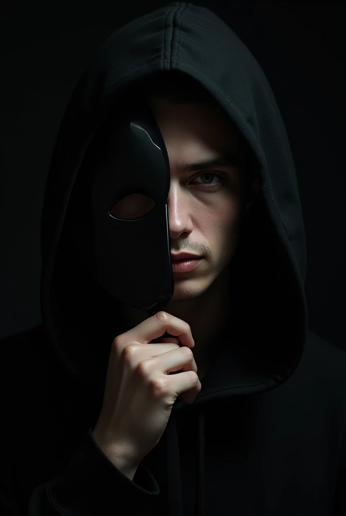 Young man holds a mask with his hand to hide the vertical half of his face. He has a mysterious half smile. He wears a black hood. The background is black, is coming out from the shadows.