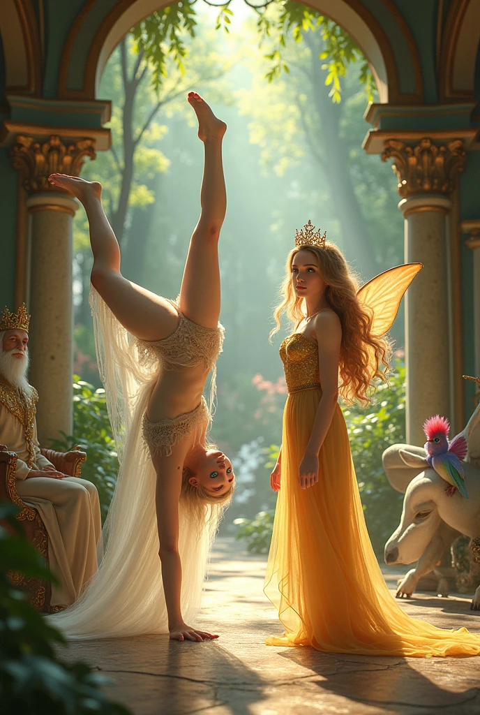 "A full-body shot of a realistic fairytale scene in a magical palace in a beautiful magical forrest, bathed in sunlighting."Beautiful pastel colour pallette. "A fairy queen 1 with realistic striking big blue eyes with eye makeup and a serious, direct gaze at the camera with golden extra long hair, "doing hand stand with both hands", wearing a thin blue/green dress" "Her rose-gold delicade fairy-crown, is hanging by the ends of her hair" " A Fairy queen 2 with golden-brown long curly hair in a thin light blue dress is standing by clapping her hands, looking at fairy queen1 with staring thorough detaled blue bright eyes and shocked look with open mouth, perfect shaped pearly white teeth and pursed lips". "Singing fairy3 with a long white hair in a sheer golden wet transparent dress outfit, big breasts, thin waist, big butt, looks provocative with her mouth almost sedusive at fairy queen 2 laughing." "The lighting is natural and bright, highlighting their features and casting a soft glow around their hair, creating a high-contrast effect that emphasizes the subject's presence. " "Elf king is sitting on a royal chair in a elfie chlothes." "A white rapid sits in on a decorative dining table1:1" "while a rainbow colored bird perches on the top of the thin royal thrown". The scene includes a messy fairy queens in a beautiful and magical forrest palace. "The vast environment paints a magical but weird admosphere". # Configuration settings clip_guidance_scale = 20 # High adherence to the detailed prompt, emphasizing facial features hr_scale = 2.0 # High resolution to capture intricate details in the hair and face. hr scale =2.0 # Perfect human female body. Best hands 1:1, super realistic hair 1:1, hyper realistic eyes 1:1, extra detailed delicate moist skin, most detaled and realistic face 1:1. #A realistic stage with thorough details and clear focus on the queens. Perfect feet, hands and arms and legs and toes. 'Not to many arms or deformed legs'.