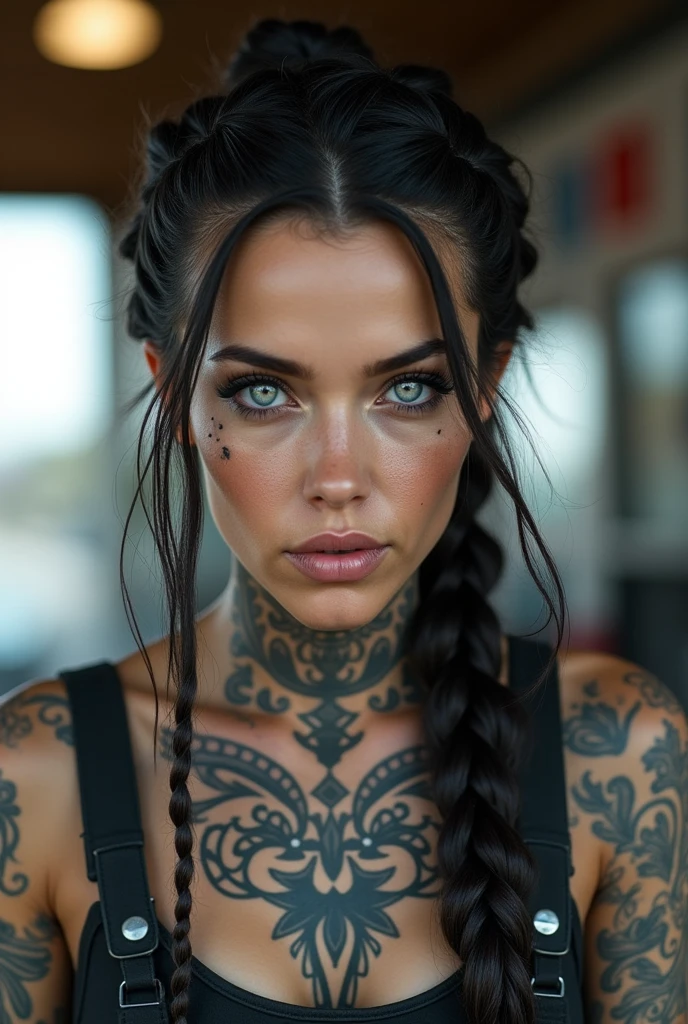 German gas station employee tattooed and silver eyes and braids