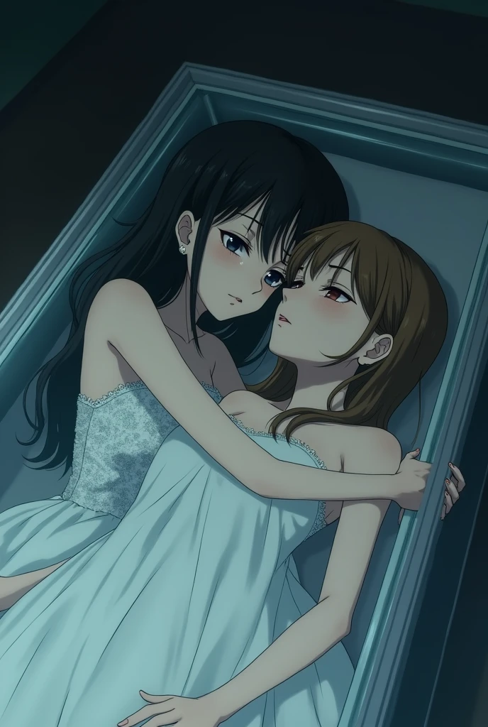 A black-haired girl in a wedding dress was crying and hug the glass coffin, which her girlfriend - a brown-haired girl - was death inside , anime style, both are adult female