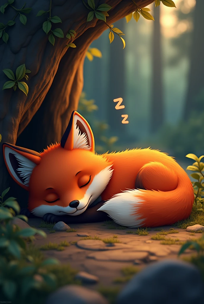 a sleeping red fox in a cave, drowsy expression, zzz symbols above head, cute realistic style, night forest background, full red body, (best quality,4k,8k,highres,masterpiece:1.2),ultra-detailed,(realistic,photorealistic,photo-realistic:1.37),highly detailed, intricate details, warm lighting, vibrant colors, natural scenery, atmospheric lighting, depth of field, cinematic composition