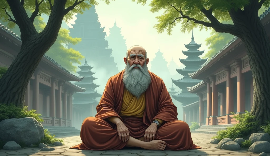 Old fat monk sensei, surrounded by temples, trees, beautiful scenario, peaceful, wisdom full, realistic, in anime style,